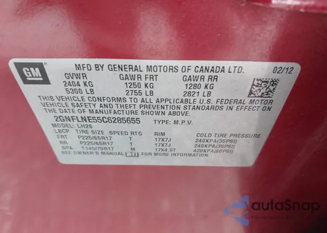 2012 Chevrolet Equinox 2Lt z USA, uszkodzony, nr VIN 2GNFLNE55C6285655